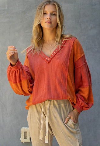 Orange V-Neck Waffle Knit Top