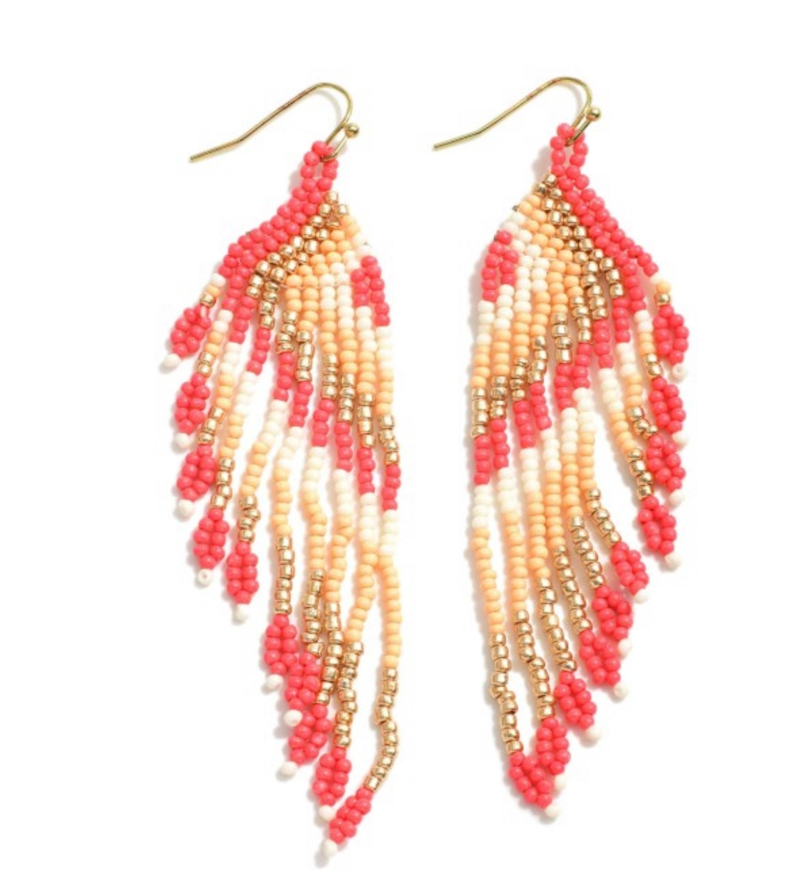 Coral/White Seed Beaded Drop Earrings