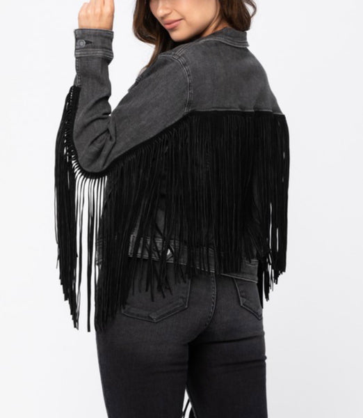 Black Denim Fringe Jacket