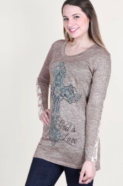 GOD IS LOVE CROSS LONG SLEEVE WITH LACE ACCENT