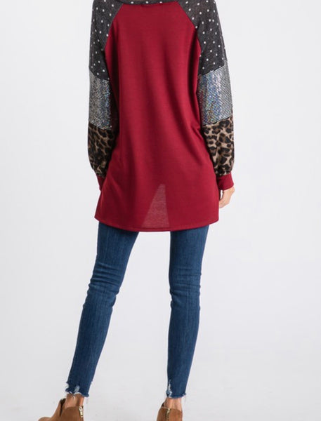 Red Color Block Leopard Sequin Sleeve Top