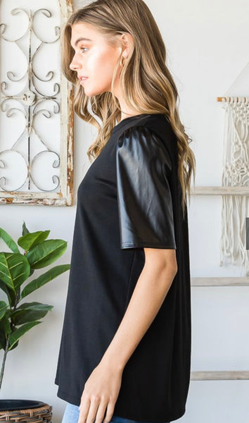 Black Faux Leather Sleeve Top