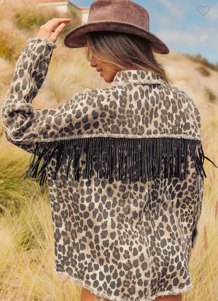 Leopard Print Rhinestone Fringe Jacket