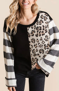 Black Thermal/Leopard/Stripe Colorblock Top