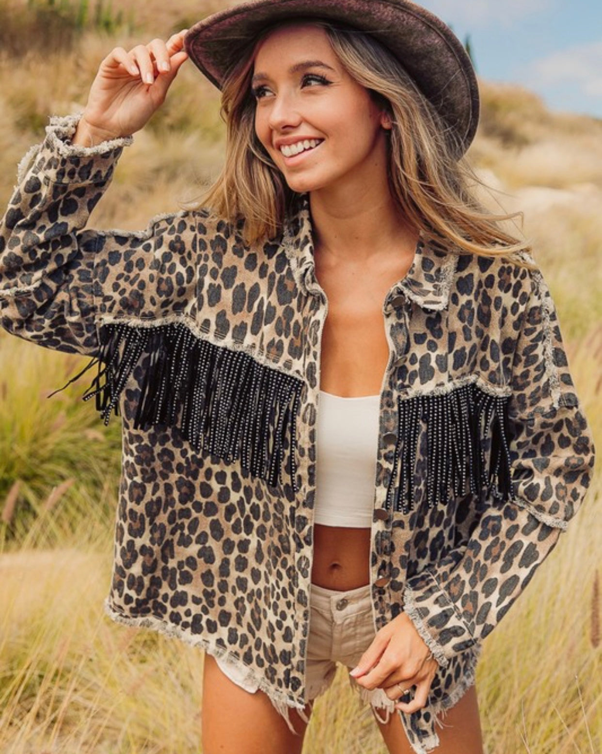 Leopard Print Rhinestone Fringe Jacket