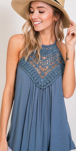 Slate Blue Crochet Lace Tank Top