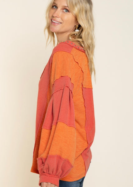 Orange V-Neck Waffle Knit Top