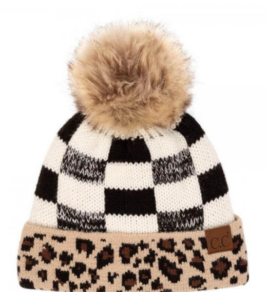 Checked and Leopard Print C.C. Beanie