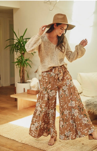 Taupe Floral Palazzo Pants