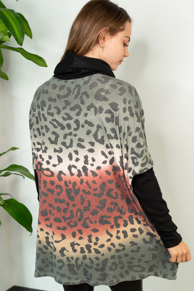 Multi Colored Leopard Print Cowl Neck Sweater