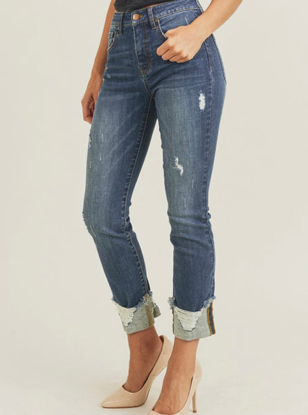 High Rise Frayed Cuff Jeans