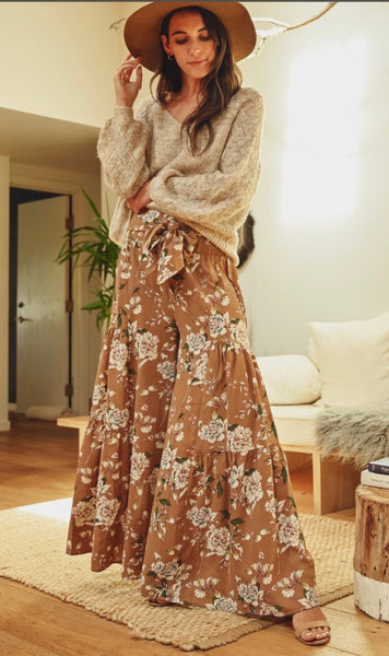 Taupe Floral Palazzo Pants