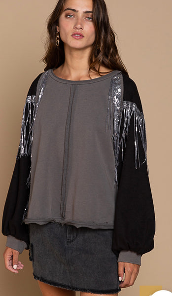 French Terry Shiny Fringe Top