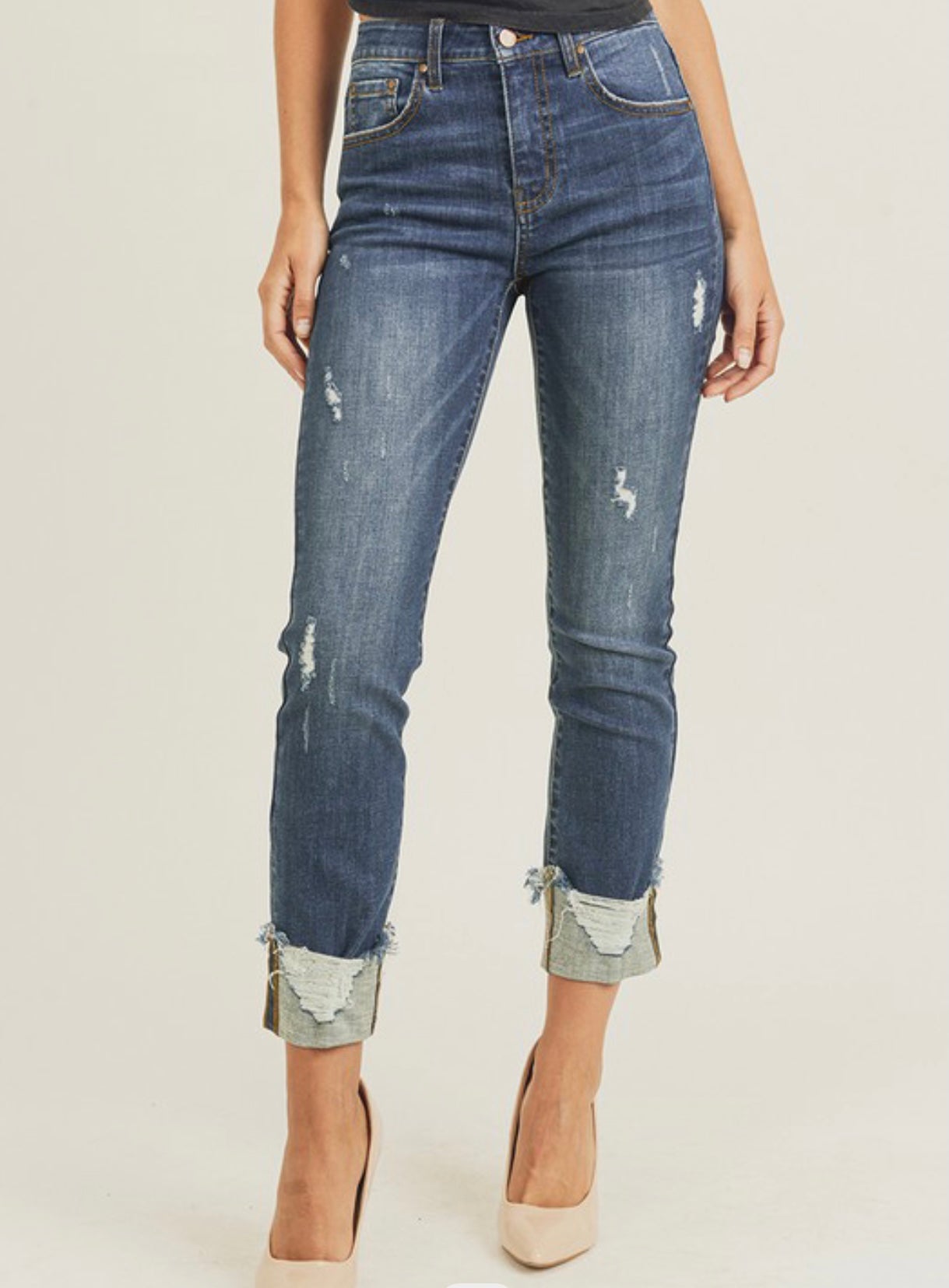 High Rise Frayed Cuff Jeans