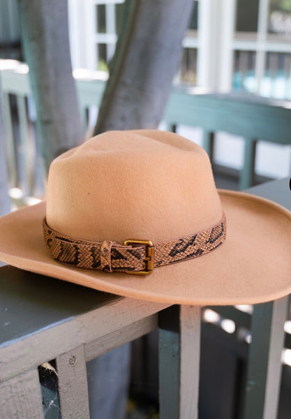 Brown Wide Brim Hat with Snakeprint Leatherette Buckle