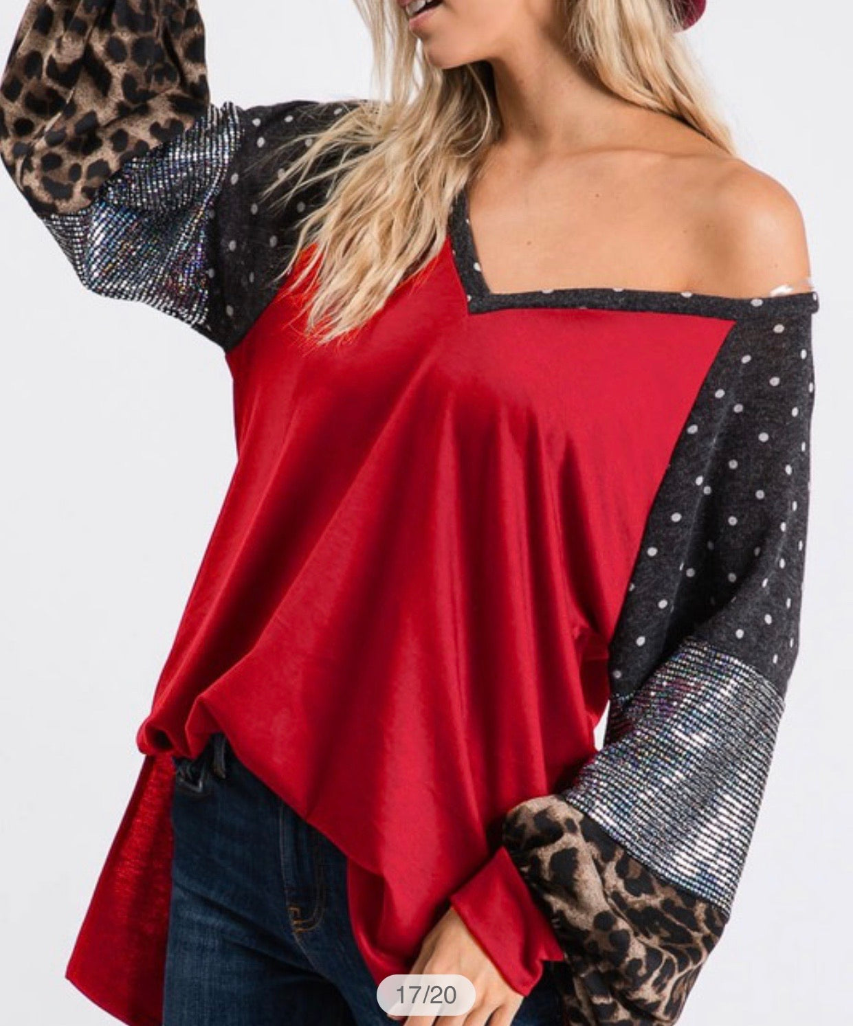 Red Color Block Leopard Sequin Sleeve Top