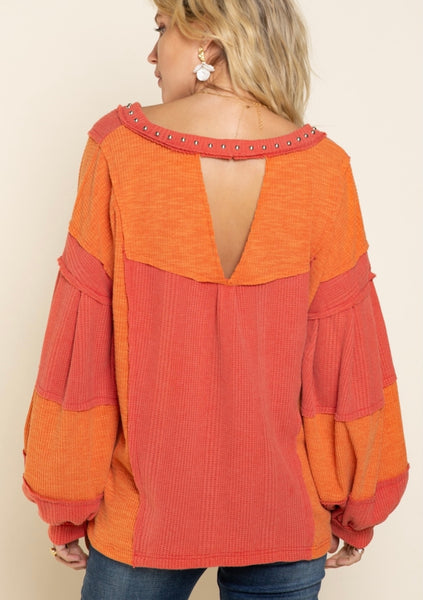 Orange V-Neck Waffle Knit Top