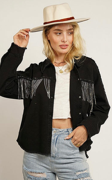 Denim Jacket with Rhinestone Tassels