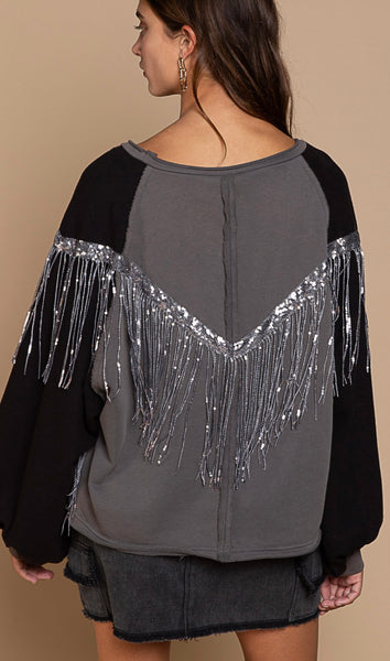 French Terry Shiny Fringe Top