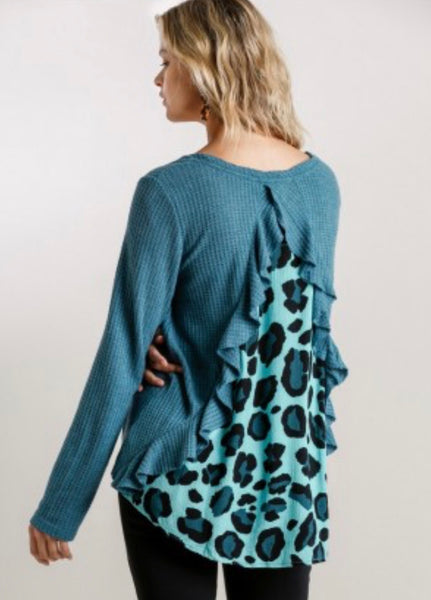 Slate Blue Top with Animal Print Back